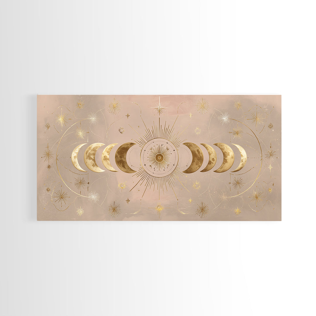 Gold Moon Phase Celestial Wall Art, Mystical Stars And Sun, Boho Bedroom Decor, Astrology Gifts, Above Bed Canvas Print Decor