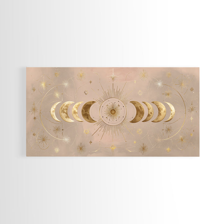 Gold Moon Phase Celestial Wall Art, Mystical Stars And Sun, Boho Bedroom Decor, Astrology Gifts, Above Bed Canvas Print Decor
