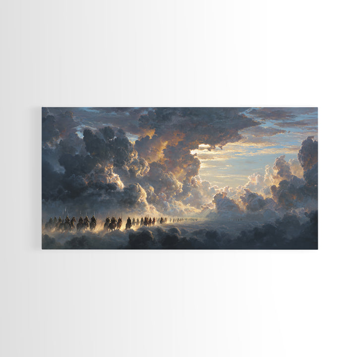 Celestial Riders In Storm Clouds Wall Art, Epic Fantasy Sky Painting, Dramatic Landscape Canvas, Mythological Decor For Office