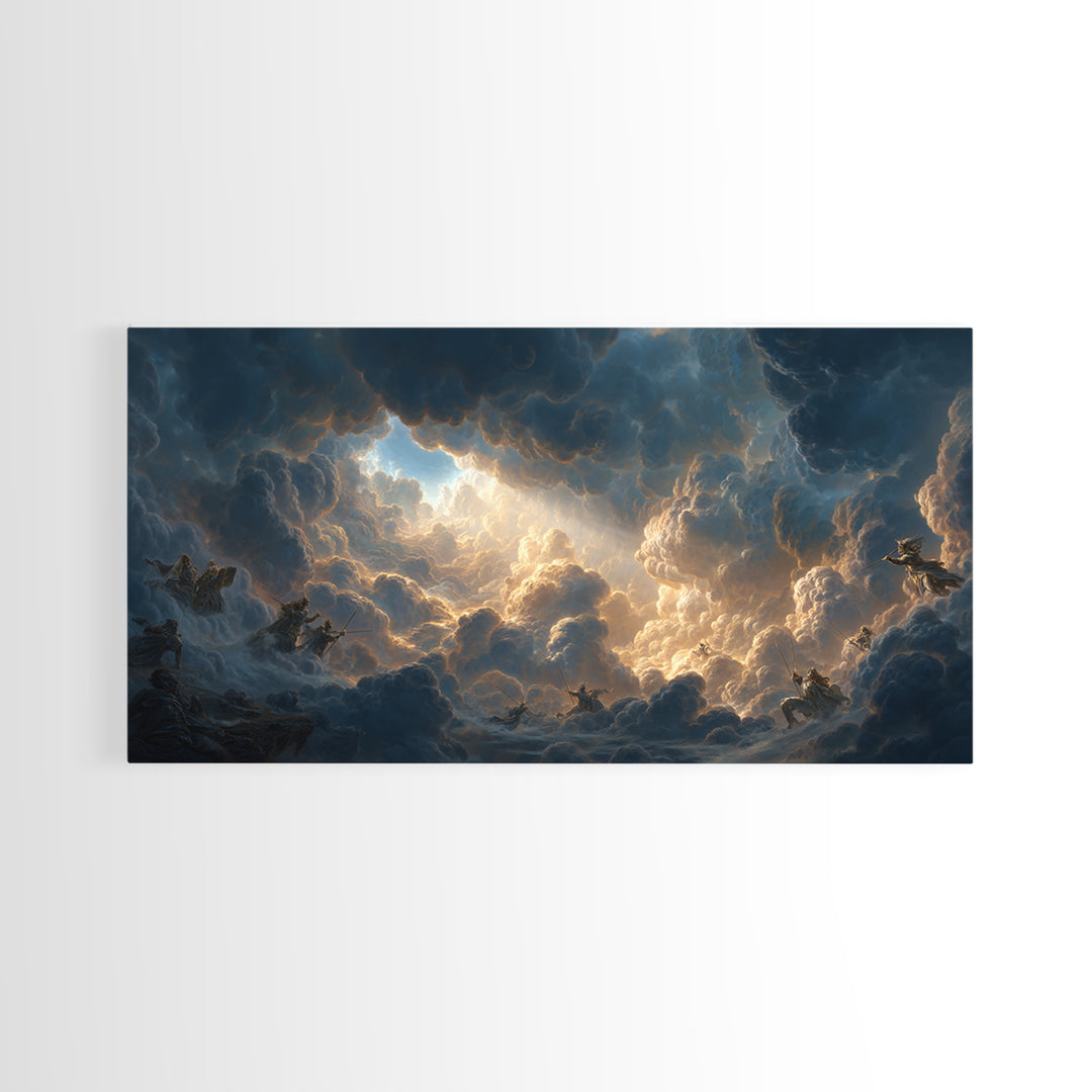 Celestial Riders In Storm Clouds Framed Canvas Print, Epic Fantasy Wall Art, Mythological Sky Painting, Dramatic Decor, Unique Gift