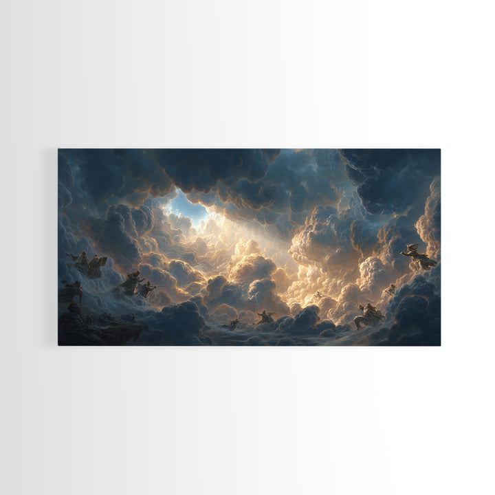 Celestial Riders In Storm Clouds Framed Canvas Print, Epic Fantasy Wall Art, Mythological Sky Painting, Dramatic Decor, Unique Gift