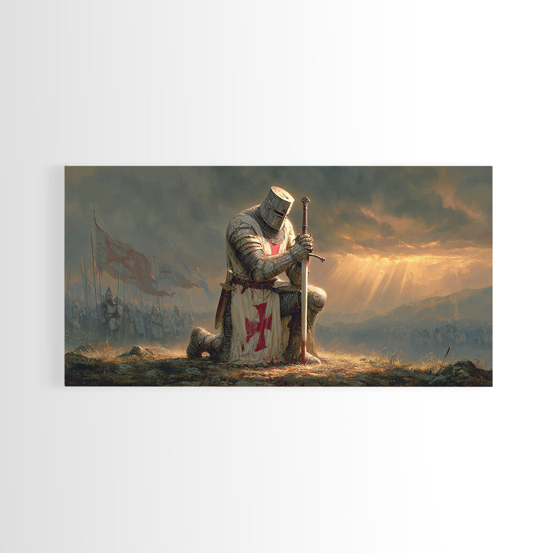Kneeling Templar Knight Battlefield Wall Art, Medieval Crusader Framed Canvas Print, Dark Fantasy Decor, Christian Warrior Art