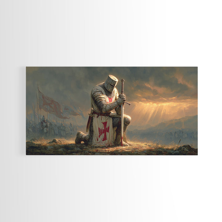Kneeling Templar Knight Battlefield Wall Art, Medieval Crusader Framed Canvas Print, Dark Fantasy Decor, Christian Warrior Art