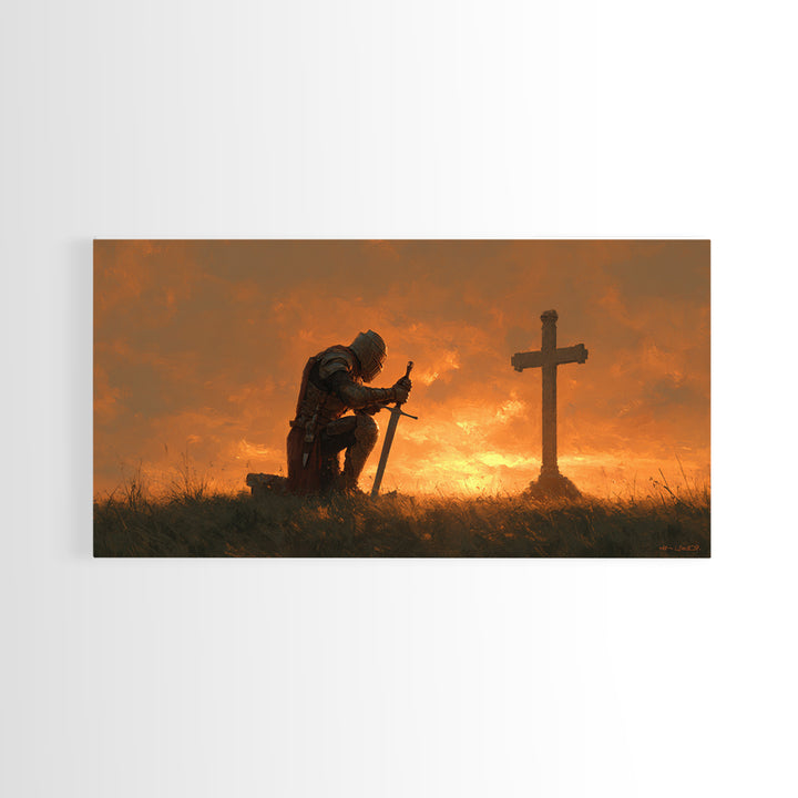 Kneeling Knight Before Cross Canvas Print, Christian Wall Art, Medieval Prayer Home Decor, Bible Verse Inspired Gift For Him
