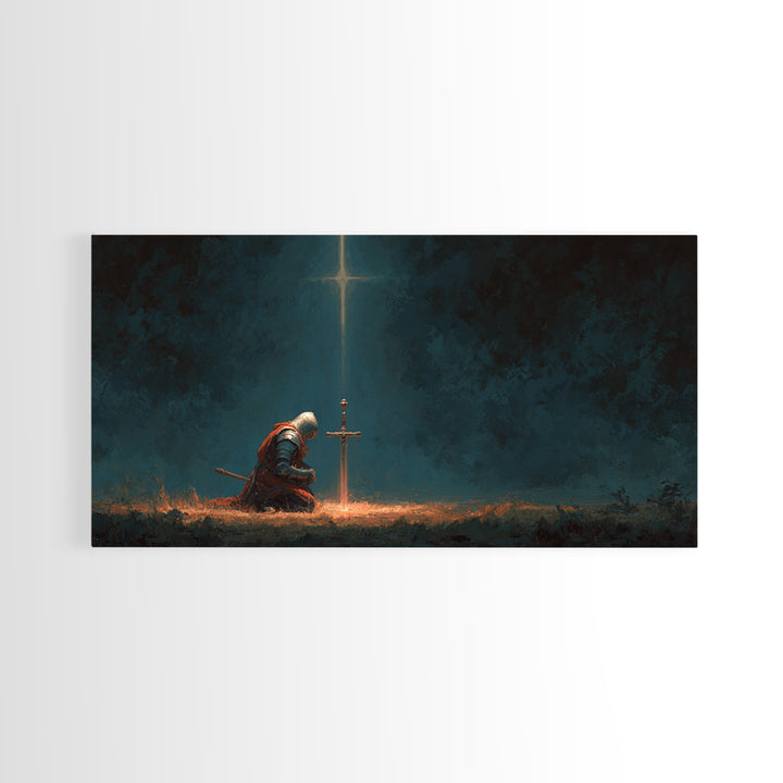 Kneeling Knight Before Cross Canvas Print, Christian Wall Art, Dark Fantasy Decor, Prayer Room Art, Medieval Office Decor