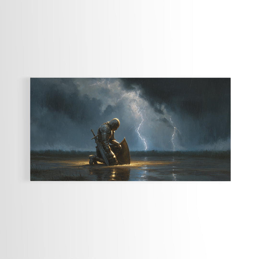 Kneeling Knight In Storm Framed Canvas Print, Dark Fantasy Wall Art, Lightning Rain Medieval Decor, Gothic Gift For Him, Office Decor