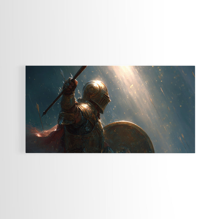 Armored Knight In Rain With Spear Wall Art, Medieval Fantasy Canvas Print, Dark Warrior Decor, Epic Gothic Artwork Gift Idea