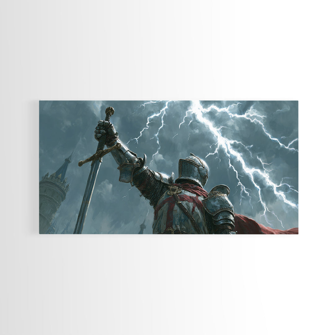 Storm Knight Raising Sword Canvas Print, Medieval Warrior Lightning Scene, Dark Fantasy Wall Art, Gaming Room Decor, Gift For Him