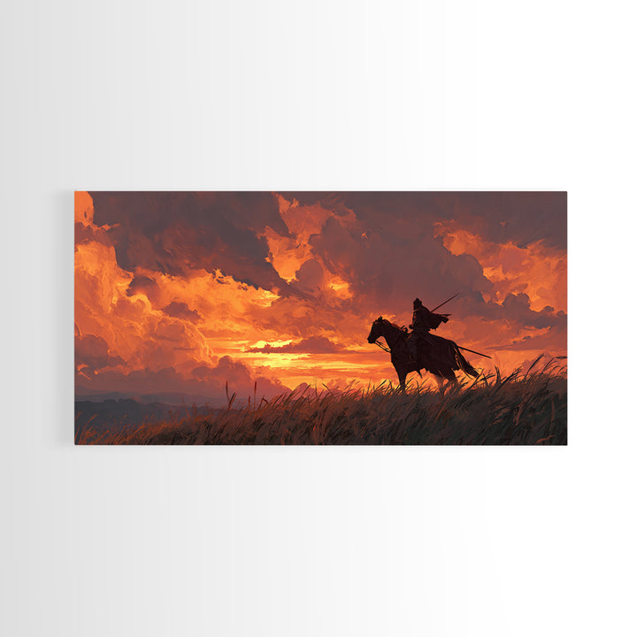Lone Horseman At Fiery Sunset Wall Art, Western Cowboy Canvas Print, Rustic Landscape Decor, Masculine Office Gift For Him