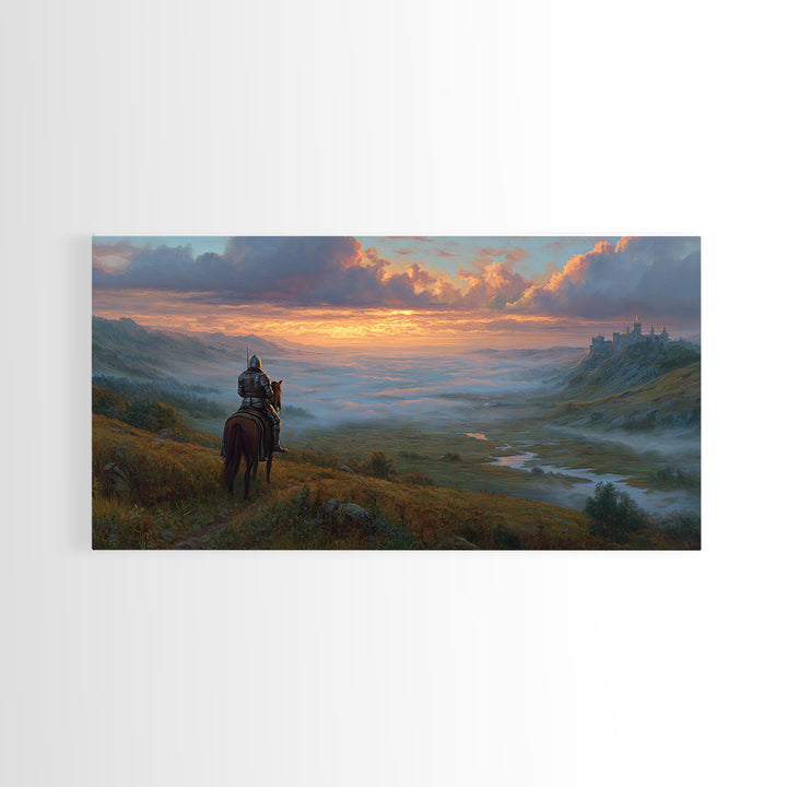 Lone Knight Over Misty Castle Valley Framed Canvas Print, Fantasy Wall Art For Gaming Room Decor And Medieval Adventure Home Decor