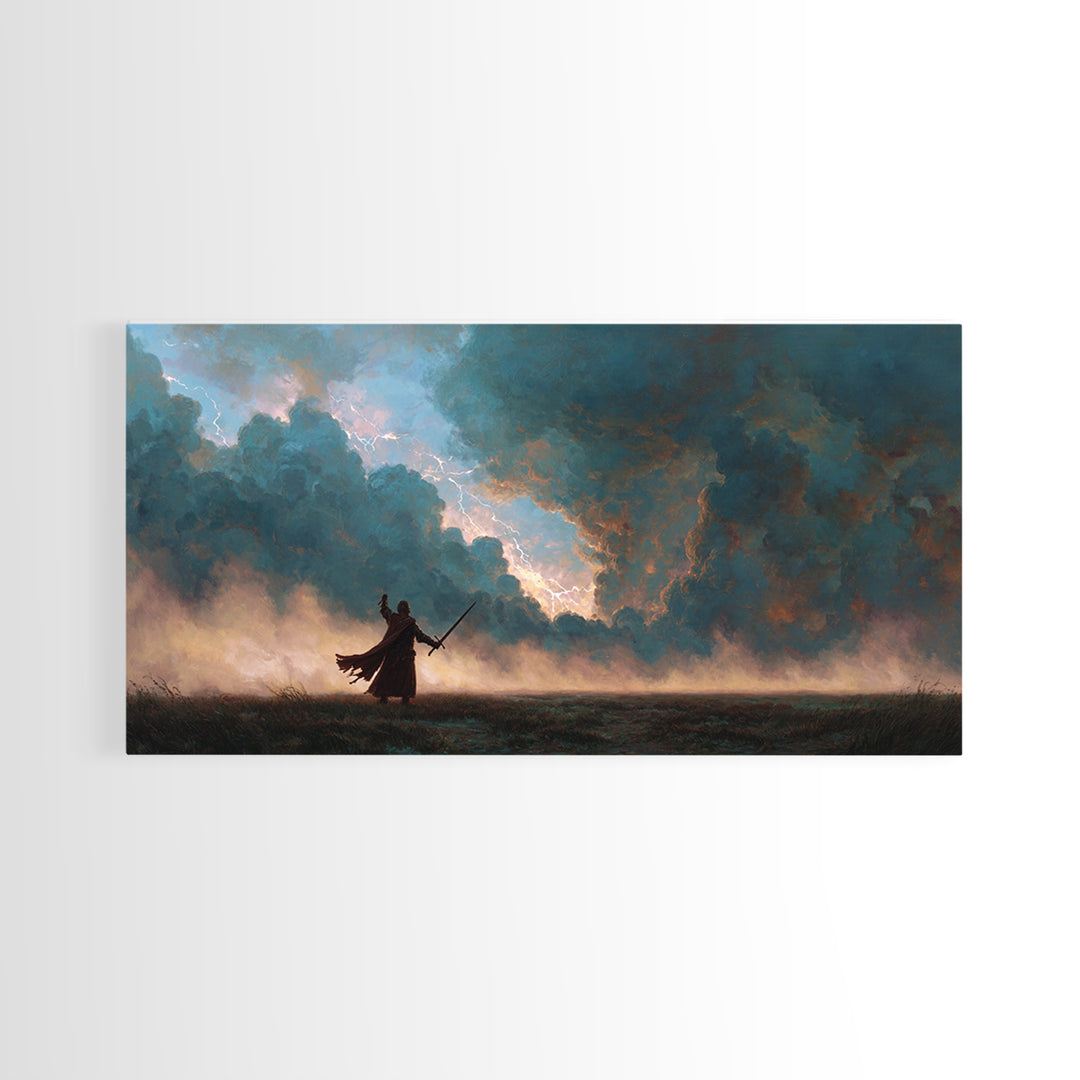 Lone Swordsman Under Storm Clouds Canvas Print, Dark Fantasy Landscape Wall Art, Moody Warrior Decor, RPG Gift For Gamer