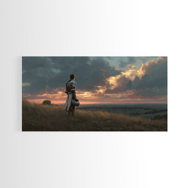 Solitary Knight At Sunset Framed Canvas Print, Medieval Fantasy Landscape Wall Art, Dramatic Medieval Home Decor Gift For Him