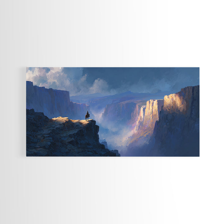 Lonely Rider On Blue Canyon Cliff Wall Art, Fantasy Landscape Canvas Print, Western Decor, Large Statement Artwork For Office