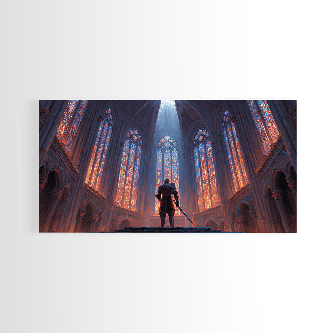 Gothic Cathedral Knight Wall Art, Stained Glass Framed Canvas Print, Medieval Fantasy Decor, Dark Academia, Statement Art