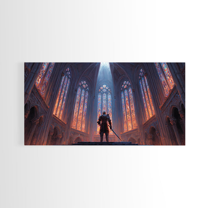 Gothic Cathedral Knight Wall Art, Stained Glass Framed Canvas Print, Medieval Fantasy Decor, Dark Academia, Statement Art