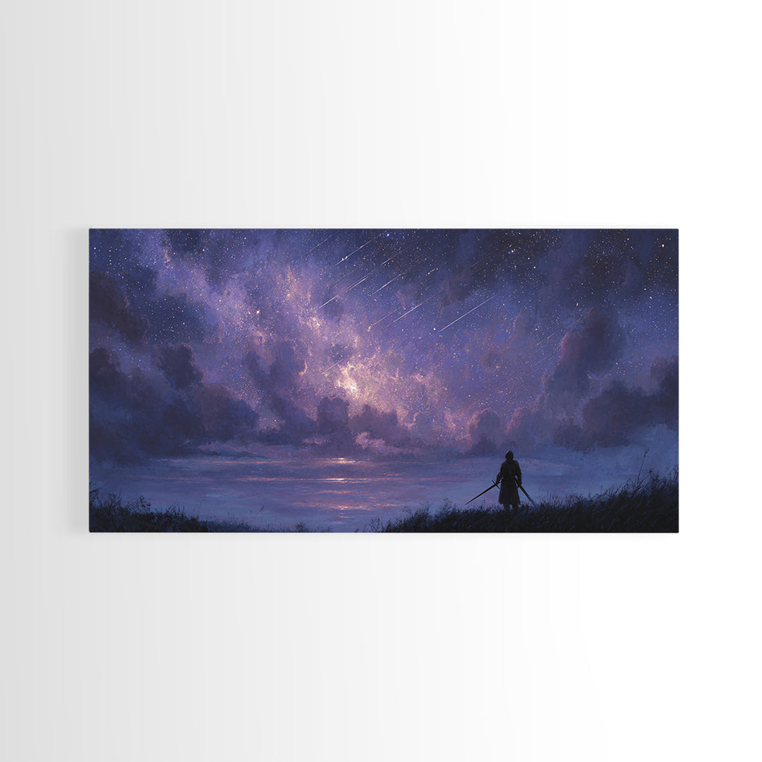 Lone Warrior Beneath Meteor Star Sky Wall Art, Fantasy Landscape Print, Celestial Decor, Gamer Room Canvas Print For Bedroom Decor