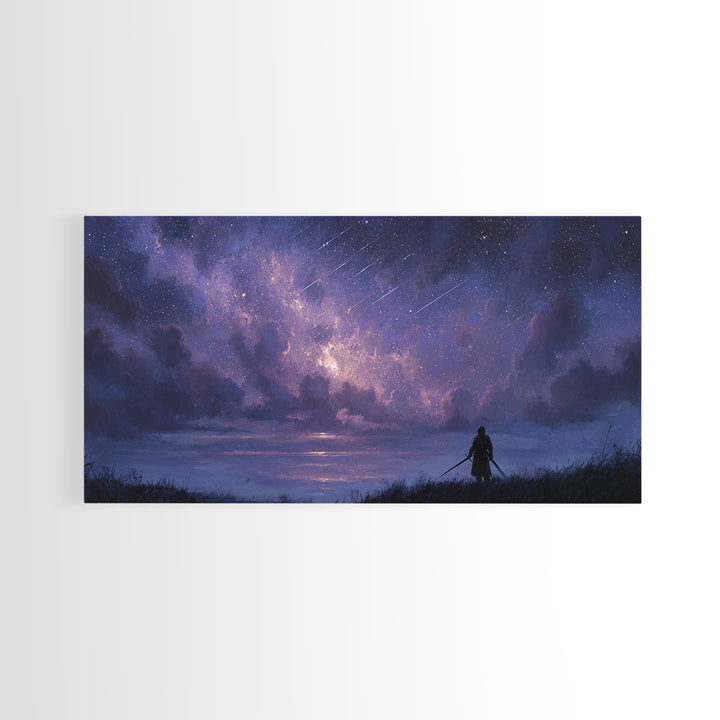 Lone Warrior Beneath Meteor Star Sky Wall Art, Fantasy Landscape Print, Celestial Decor, Gamer Room Canvas Print For Bedroom Decor