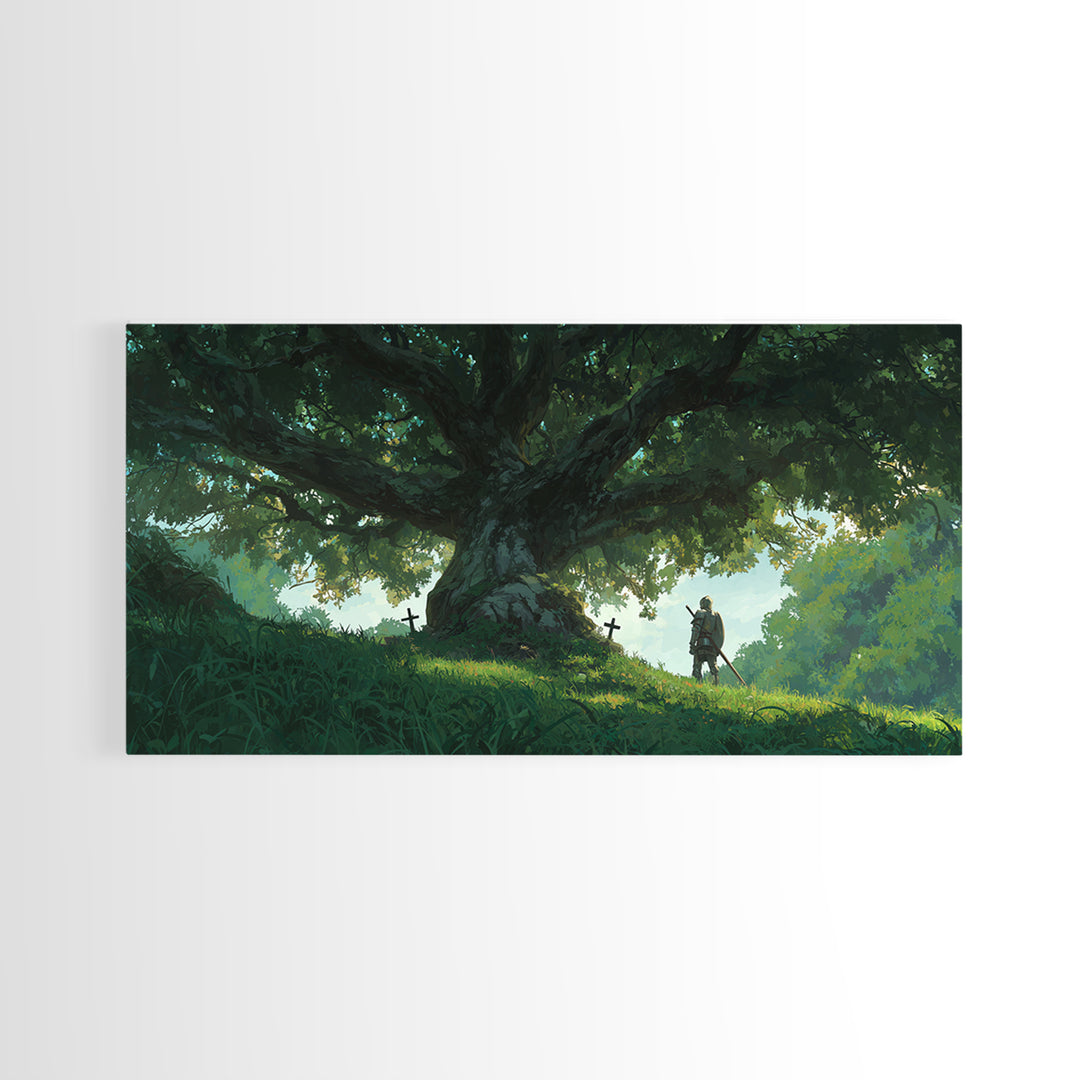 Ancient Oak With Lone Knight Wall Art, Enchanted Forest Canvas Print, Fantasy Landscape For Rustic Home Decor And Nursery Decor