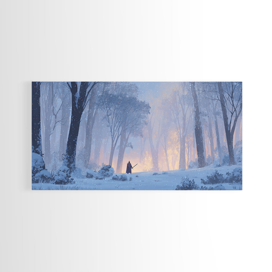 Lone Warrior In Snowy Forest Wall Art, Winter Fantasy Landscape Painting, Moody Woodland Decor, Adventure Canvas Print Gift