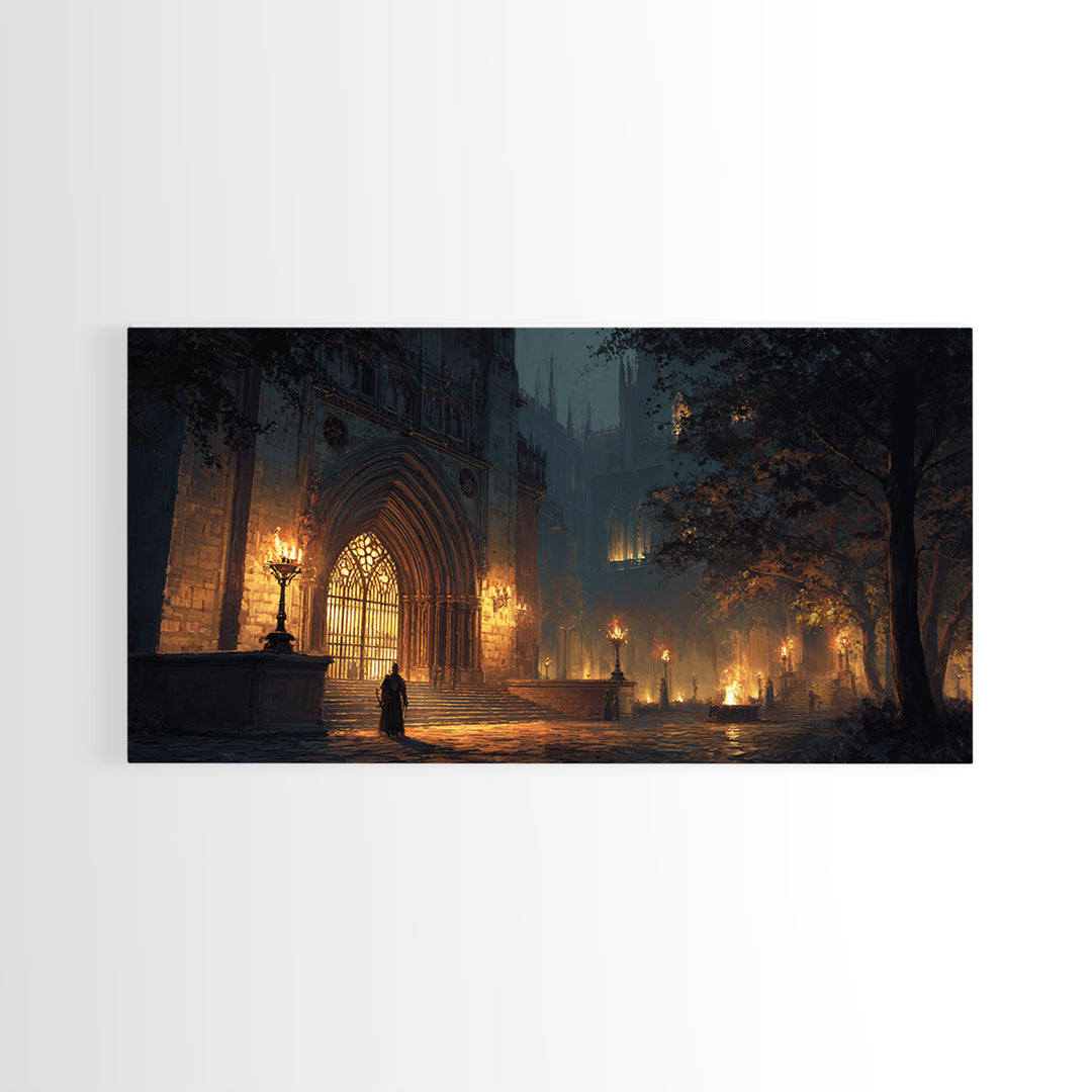 Gothic Cathedral Night Wall Art, Dark Academia Framed Canvas Print, Moody Architecture Poster, Victorian Office Decor, Gift