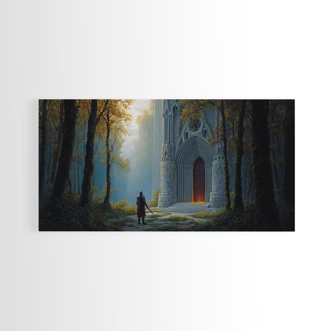 Gothic Forest Cathedral Doorway With Lone Knight Wall Art, Dark Academia Decor, Fantasy Landscape, Large Canvas Print For Bedroom