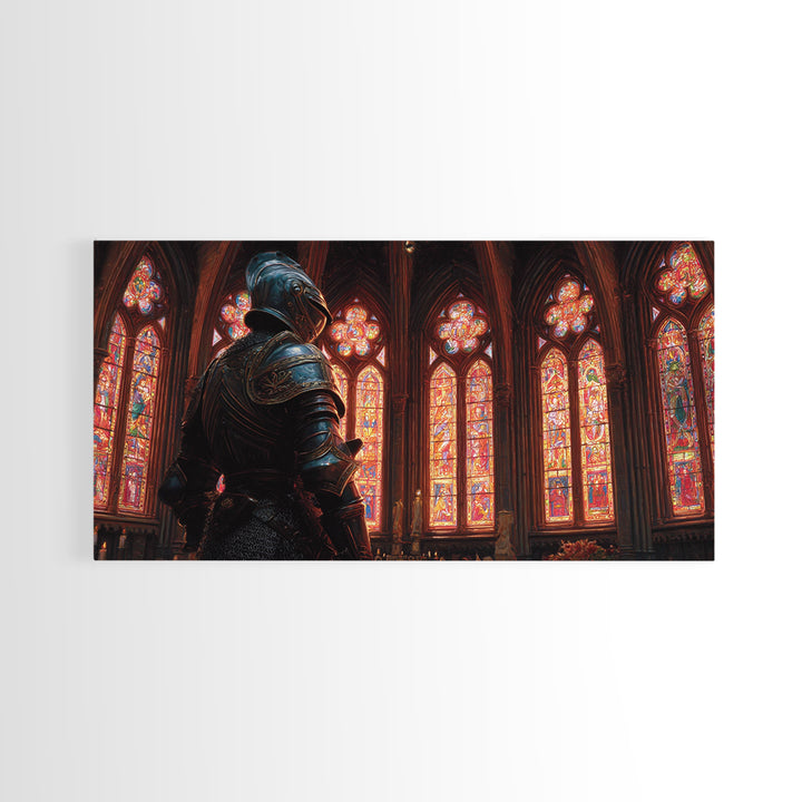 Knight In Stained Glass Cathedral Wall Art, Gothic Medieval Canvas Print, Dark Academia Decor, Fantasy Castle Painting, Church Art