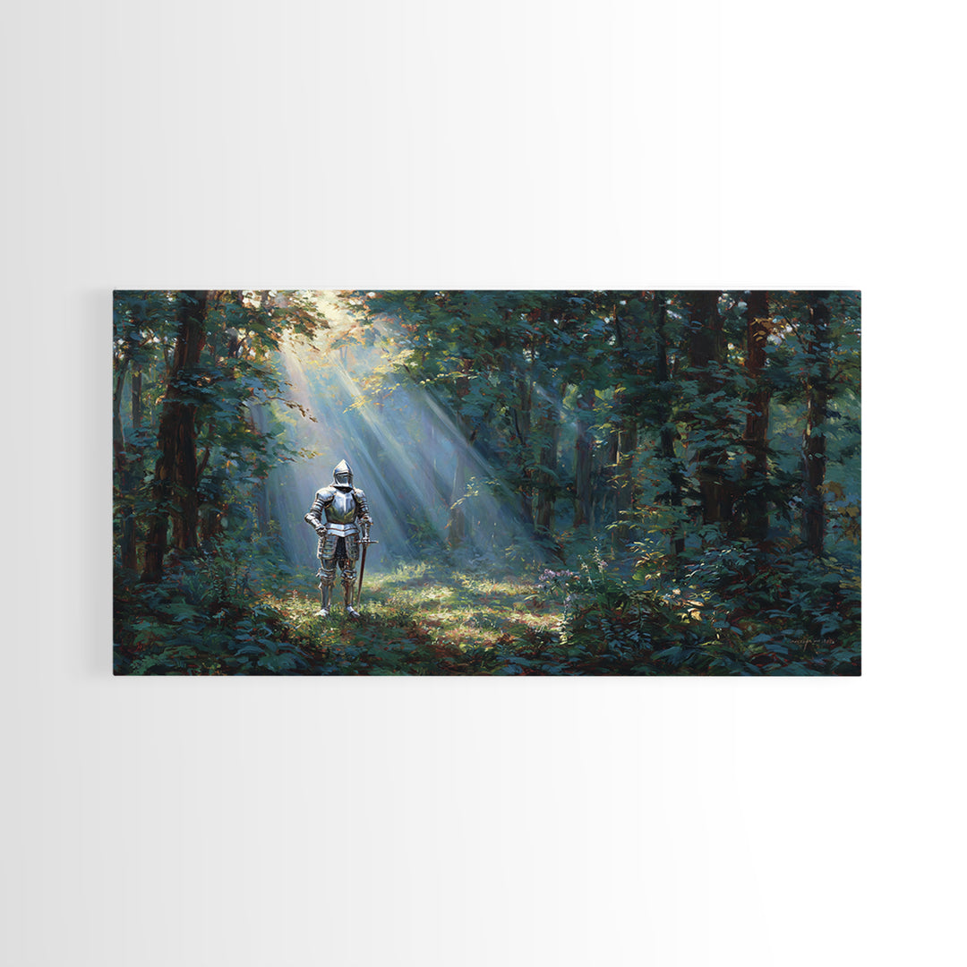 Knight In Sunlit Enchanted Forest Canvas Print, Fantasy Wall Art, Medieval Landscape Art For Office Decor And Gifts For Him