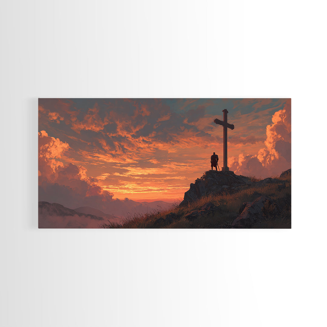 Fiery Sunset Cross On Mountain Ridge Wall Art, Christian Landscape Canvas Print, Spiritual Home Decor, Prayer Room Gift Idea
