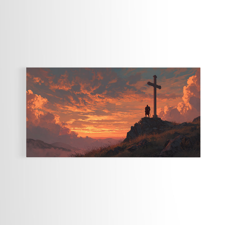 Fiery Sunset Cross On Mountain Ridge Wall Art, Christian Landscape Canvas Print, Spiritual Home Decor, Prayer Room Gift Idea