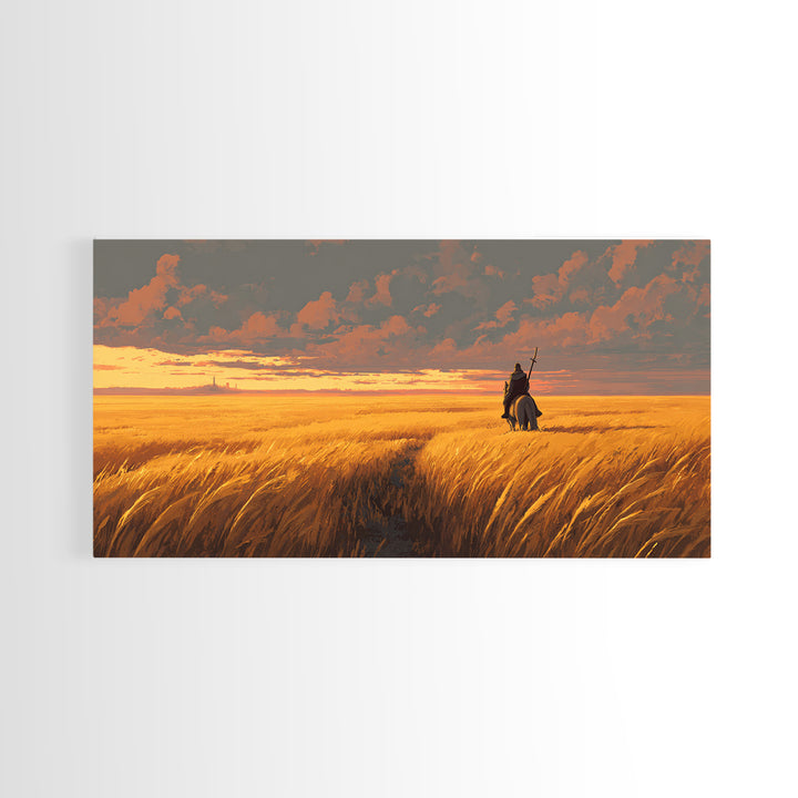 Lone Warrior In Golden Wheat Canvas Print, Sunset Fantasy Landscape Art, Western Rider Decor, Gift For Him, Rustic Home Decor