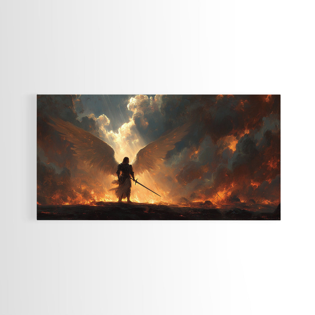 Warrior Angel With Flaming Wings Canvas Print, Dark Fantasy Wall Art, Epic Spiritual Decor, Gothic Battle Gift Idea For Him
