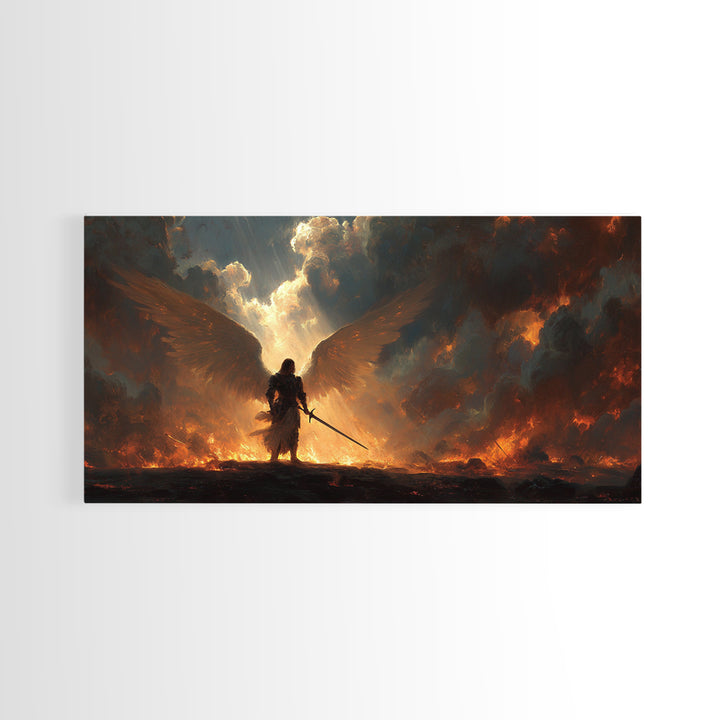 Warrior Angel With Flaming Wings Canvas Print, Dark Fantasy Wall Art, Epic Spiritual Decor, Gothic Battle Gift Idea For Him