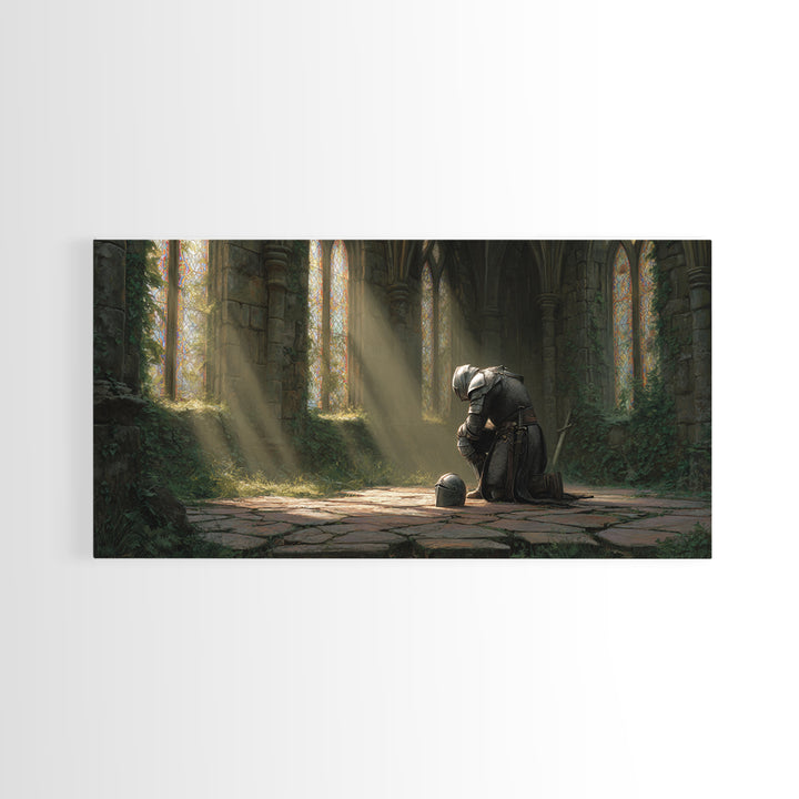 Knight In Sunlit Gothic Ruins Framed Canvas Print, Medieval Fantasy Wall Art, Dark Academia Decor, Large Living Room Art