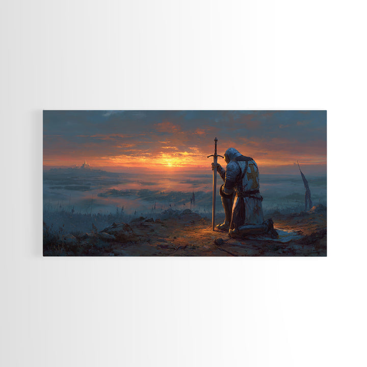 Kneeling Knight At Sunset Wall Art, Medieval Fantasy Landscape Canvas, Epic Castle Decor, Dark Academia Gift For Him, Living Room Decor