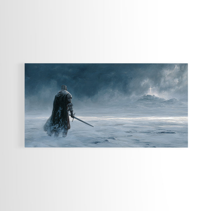 Dark Knight Crossing Icy Wasteland Wall Art, Fantasy Landscape Canvas Print, Gothic Home Decor, Moody Office Decor Gift For Him