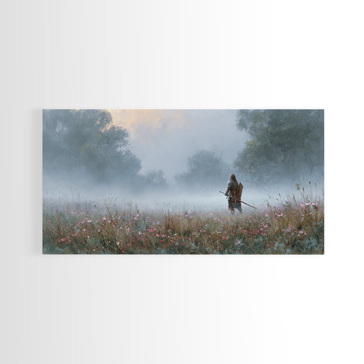 Misty Warrior In Wildflower Meadow Wall Art, Fantasy Landscape Canvas, Moody Nature Print, Large Living Room Decor Gift For Her