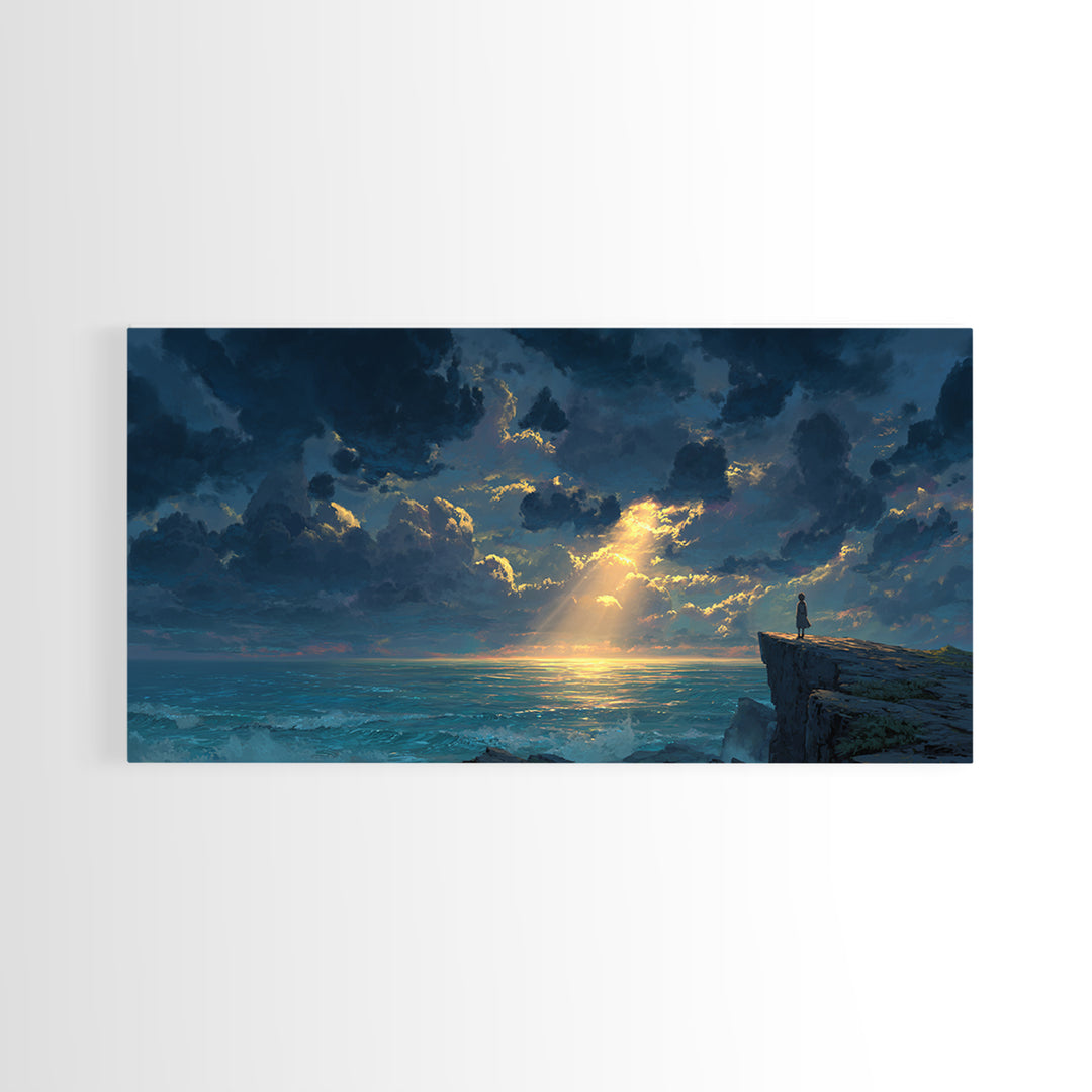 Lone Figure On Ocean Cliff Canvas Print, Dramatic Seascape Landscape Art, Coastal Wall Decor For Peaceful Living Room Home
