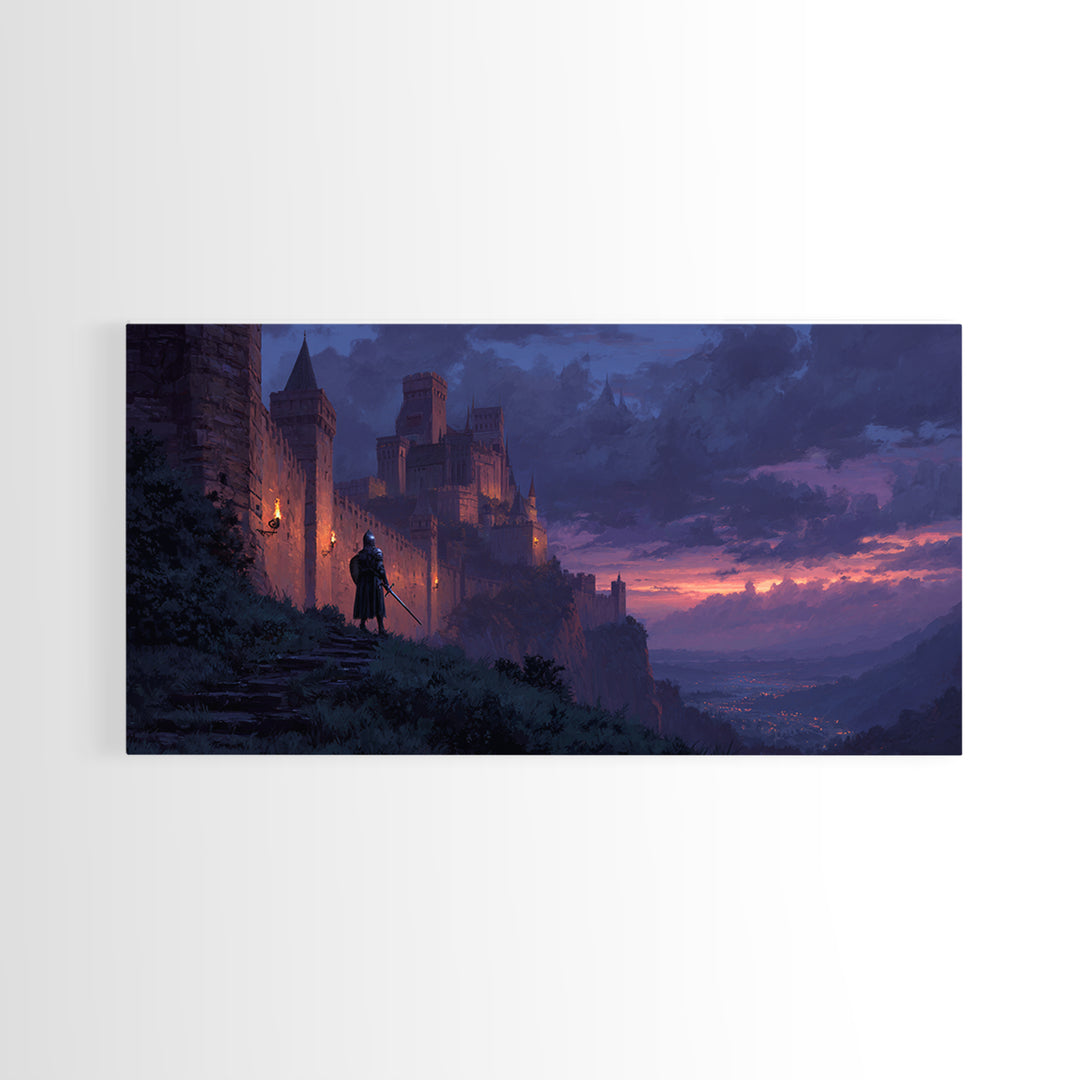 Twilight Castle Knight Fantasy Wall Art, Medieval Landscape Canvas, Gothic Home Decor, Fantasy Art Print, Gift For Him, Office Decor