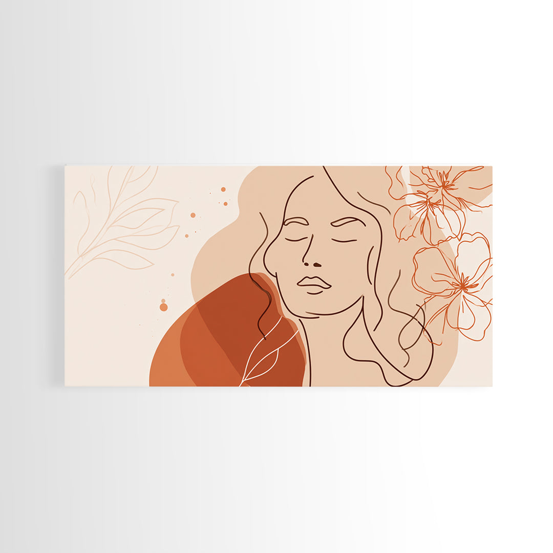Terracotta Woman Line Art Canvas Print, Floral Feminine Wall Art, Boho Bedroom Decor, Abstract Portrait Gift For Her, Modern Home Decor