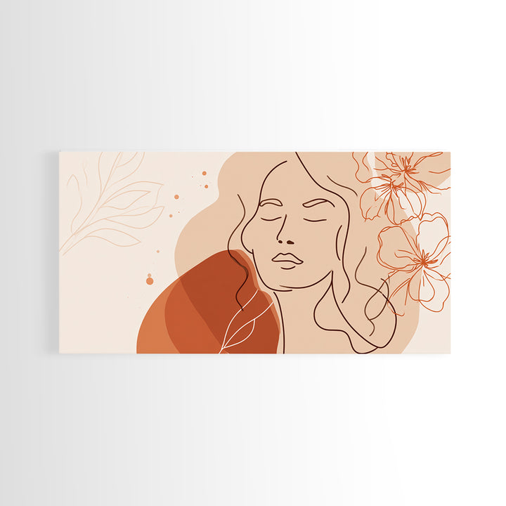 Terracotta Woman Line Art Canvas Print, Floral Feminine Wall Art, Boho Bedroom Decor, Abstract Portrait Gift For Her, Modern Home Decor