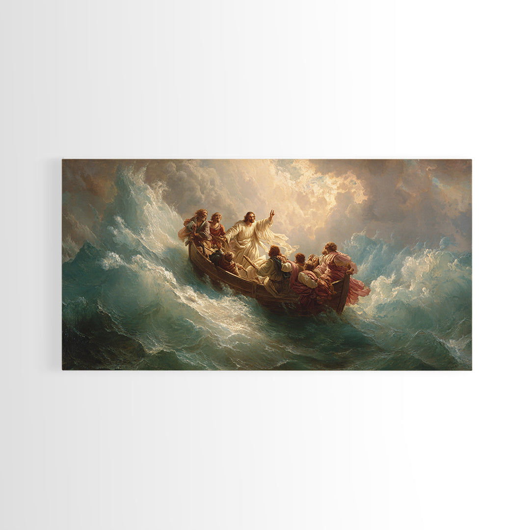 Jesus Calming The Storm At Sea Wall Art, Christian Boat Painting, Biblical Ocean Canvas, Religious Home Decor Gift, Church Decor