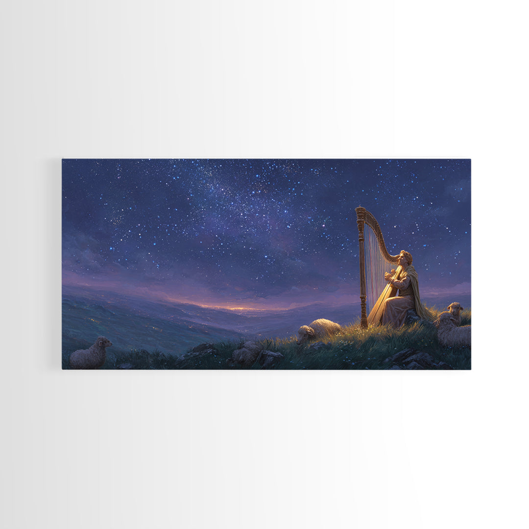 Shepherd Playing Harp Under Stars Wall Art, Biblical Canvas Print, Peaceful Night Landscape Decor For Bedroom And Nursery