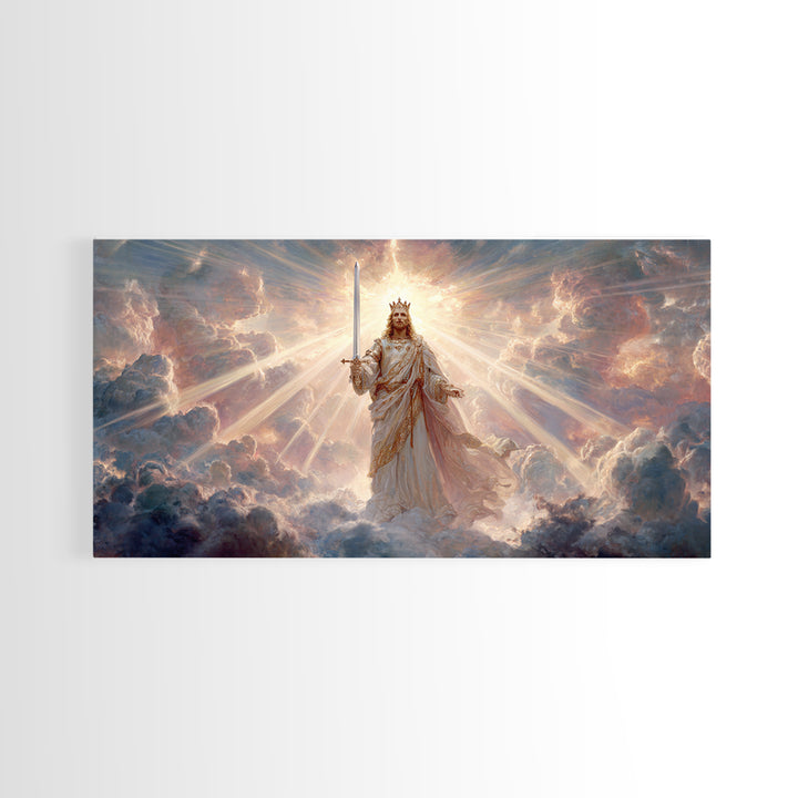 Radiant Heavenly King Canvas Print, Christian Wall Art, Divine Sword And Clouds, Spiritual Fine Art For Prayer Room Decor