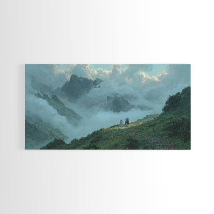 Misty Mountain Path Landscape Wall Art, Moody Nature Canvas Print, Alpine Hiking Decor, Large Living Room Wall Decor Gift