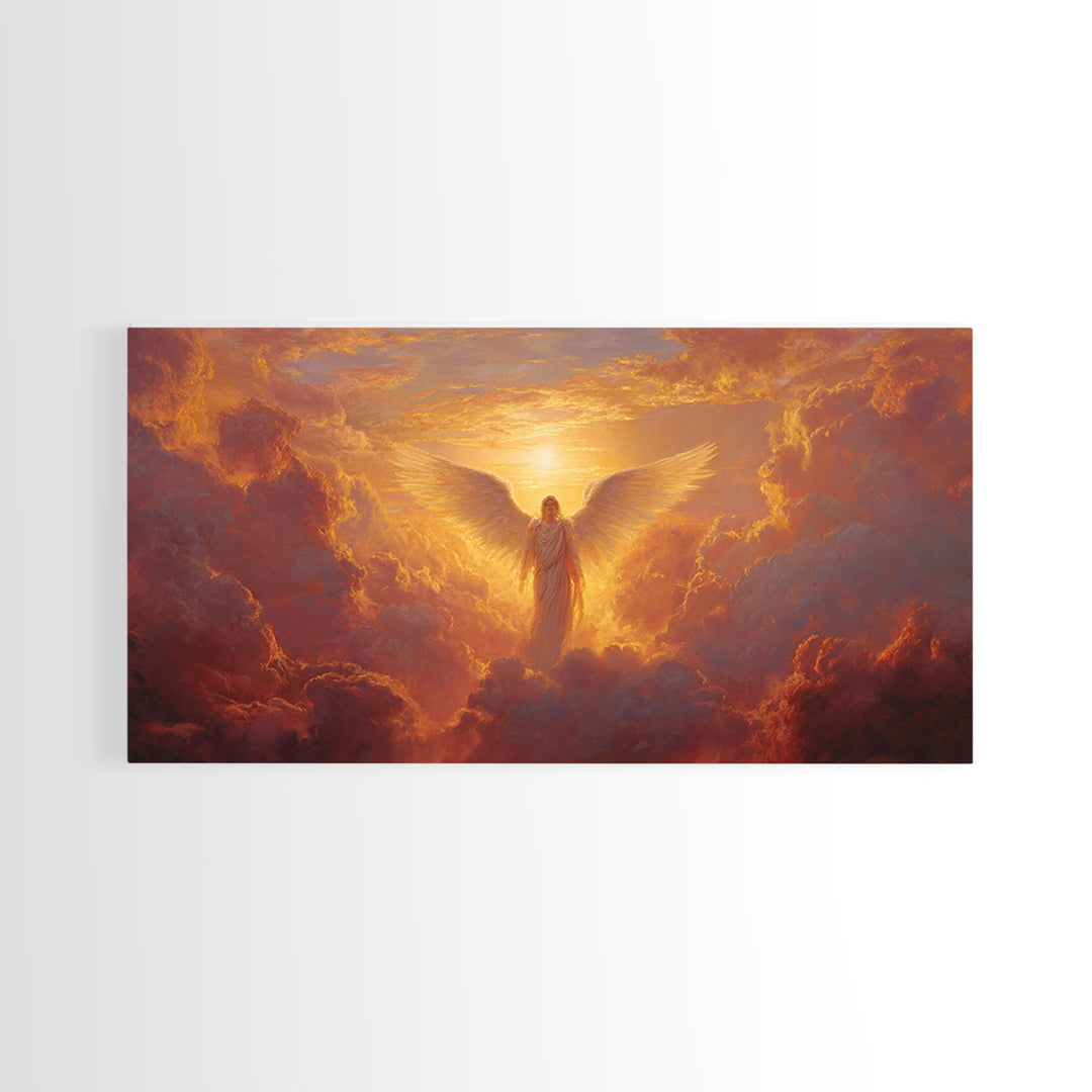 Radiant Angel In Golden Clouds Wall Art, Spiritual Christian Canvas, Celestial Painting, Inspirational Home Decor Gift For Her