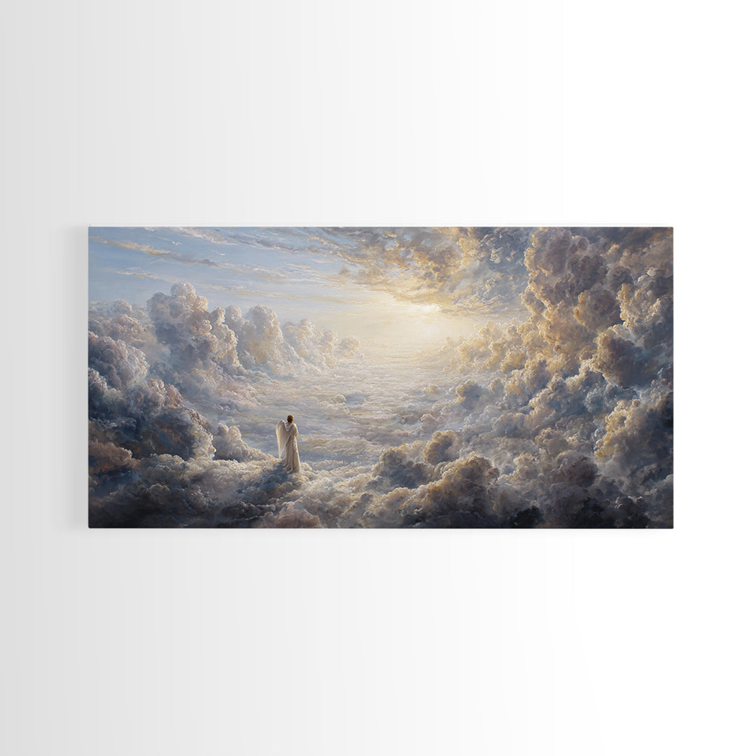 Radiant Angel In Heavenly Clouds Canvas Print, Christian Wall Art, Spiritual Home Decor, Peaceful Large Landscape Art Gift