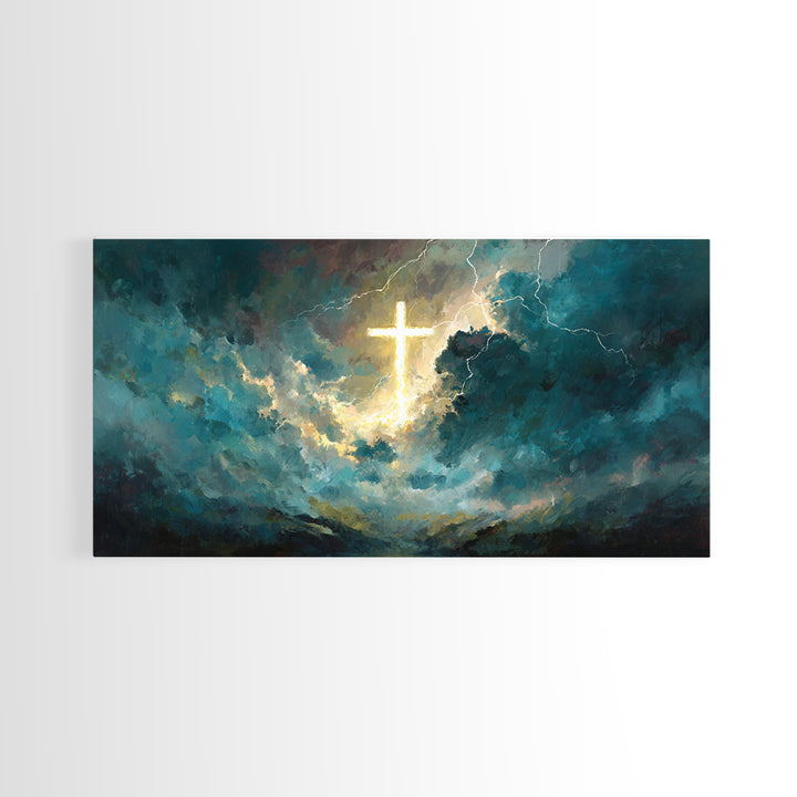 Glowing Cross In Storm Clouds Wall Art, Christian Canvas Print, Spiritual Decor, Modern Religious Living Room Wall Decor