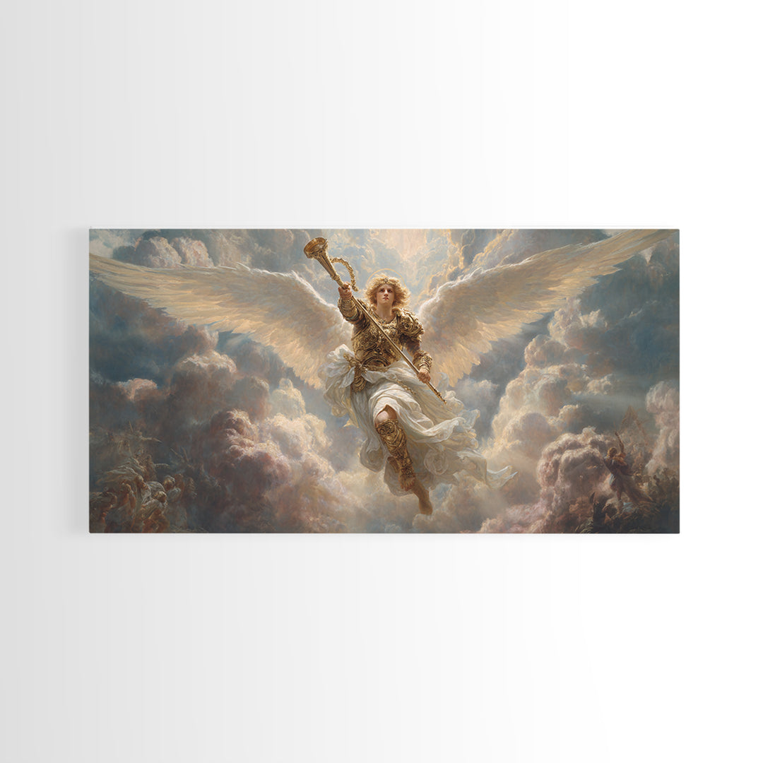 Archangel Trumpet In Stormy Clouds Canvas Print, Christian Wall Art, Religious Fine Art Print For Prayer Room Decor Gift