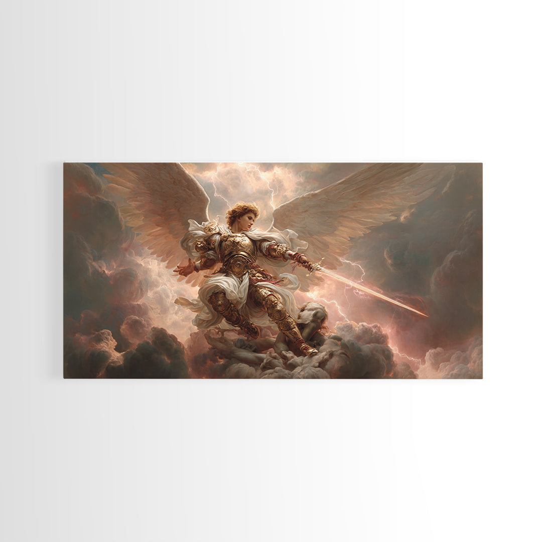 Archangel Warrior In Golden Clouds Wall Art, Christian Canvas Print, Angel Sword Fantasy Art, Spiritual Home Decor Gift For Him
