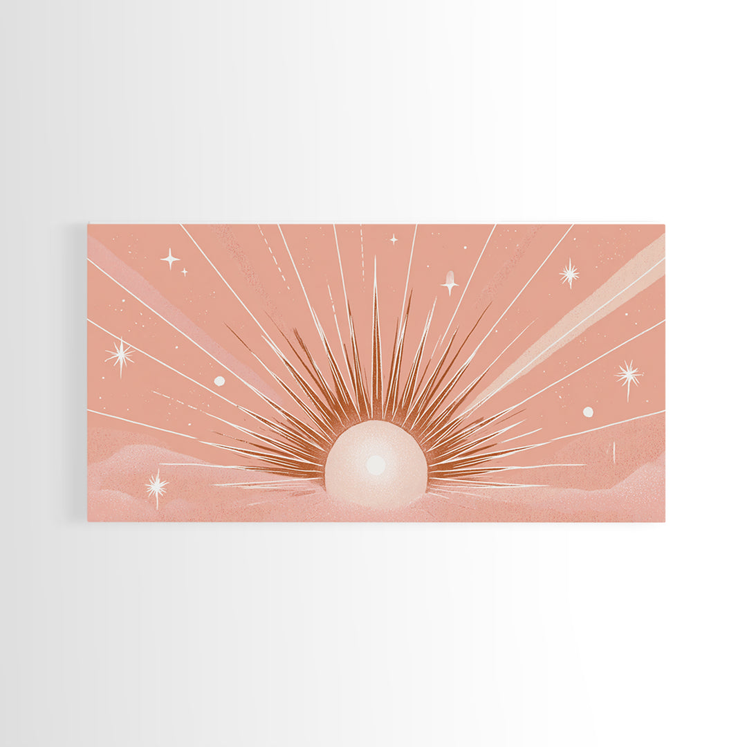 Radiant Peach Sunrise Wall Art, Celestial Sun Rays And Stars, Boho Canvas Print, Dreamy Nursery Decor, Calming Above Bed Art